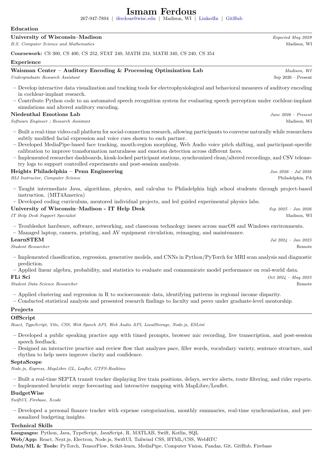 One-page resume for Ismam Ferdous